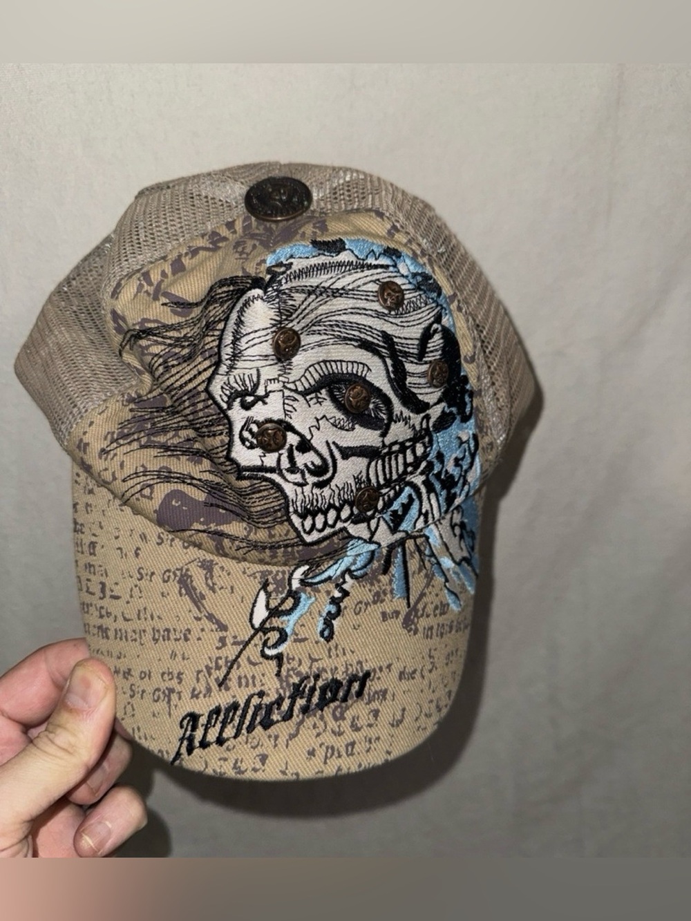 Affliction Skull Studded Trucker Hat Tan Blue Embroidered Mesh Snapback Cap Y2K
